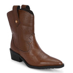 Tan cowboy-style ankle boot with decorative stitching