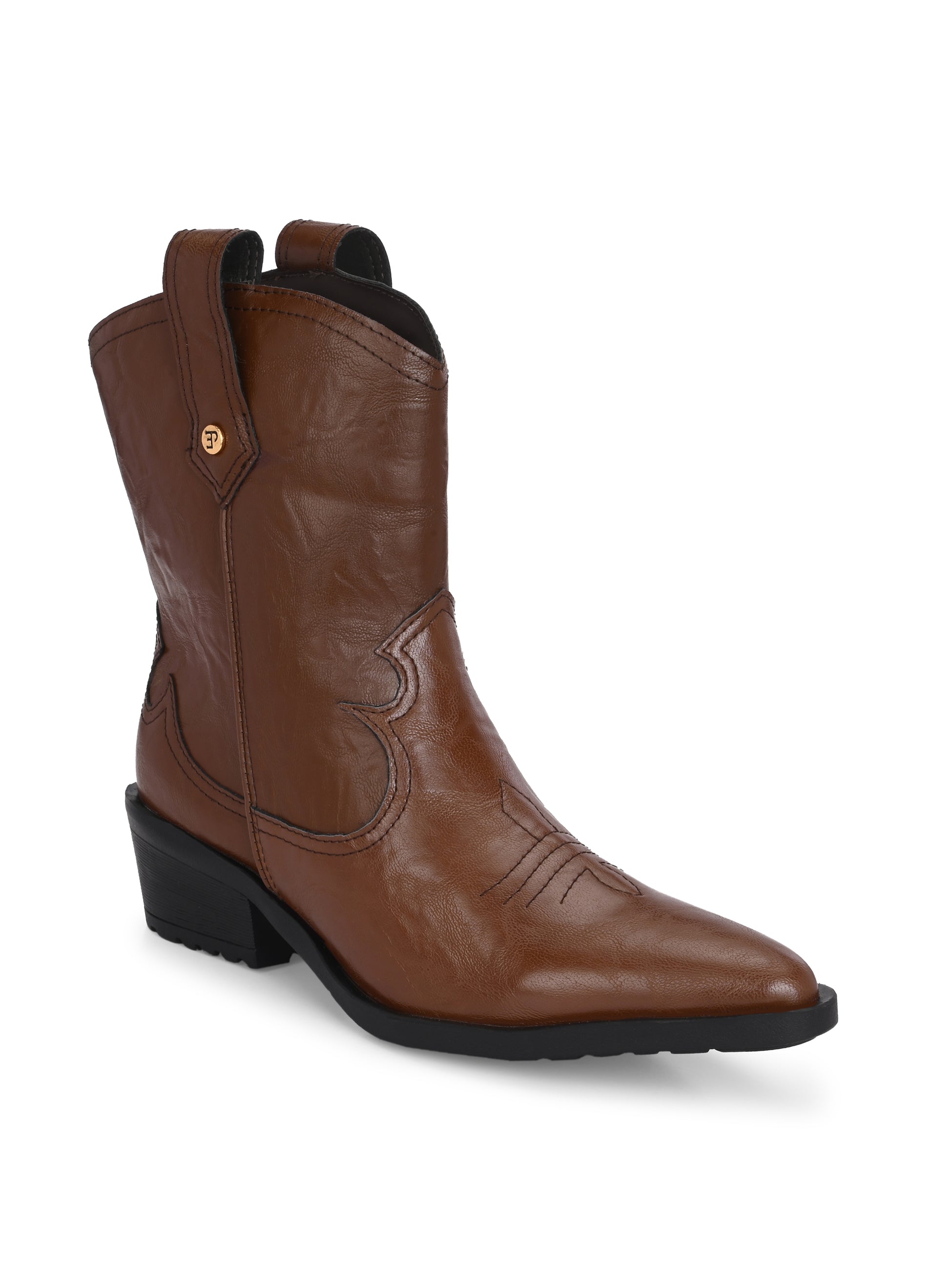 Tan cowboy-style ankle boot with decorative stitching