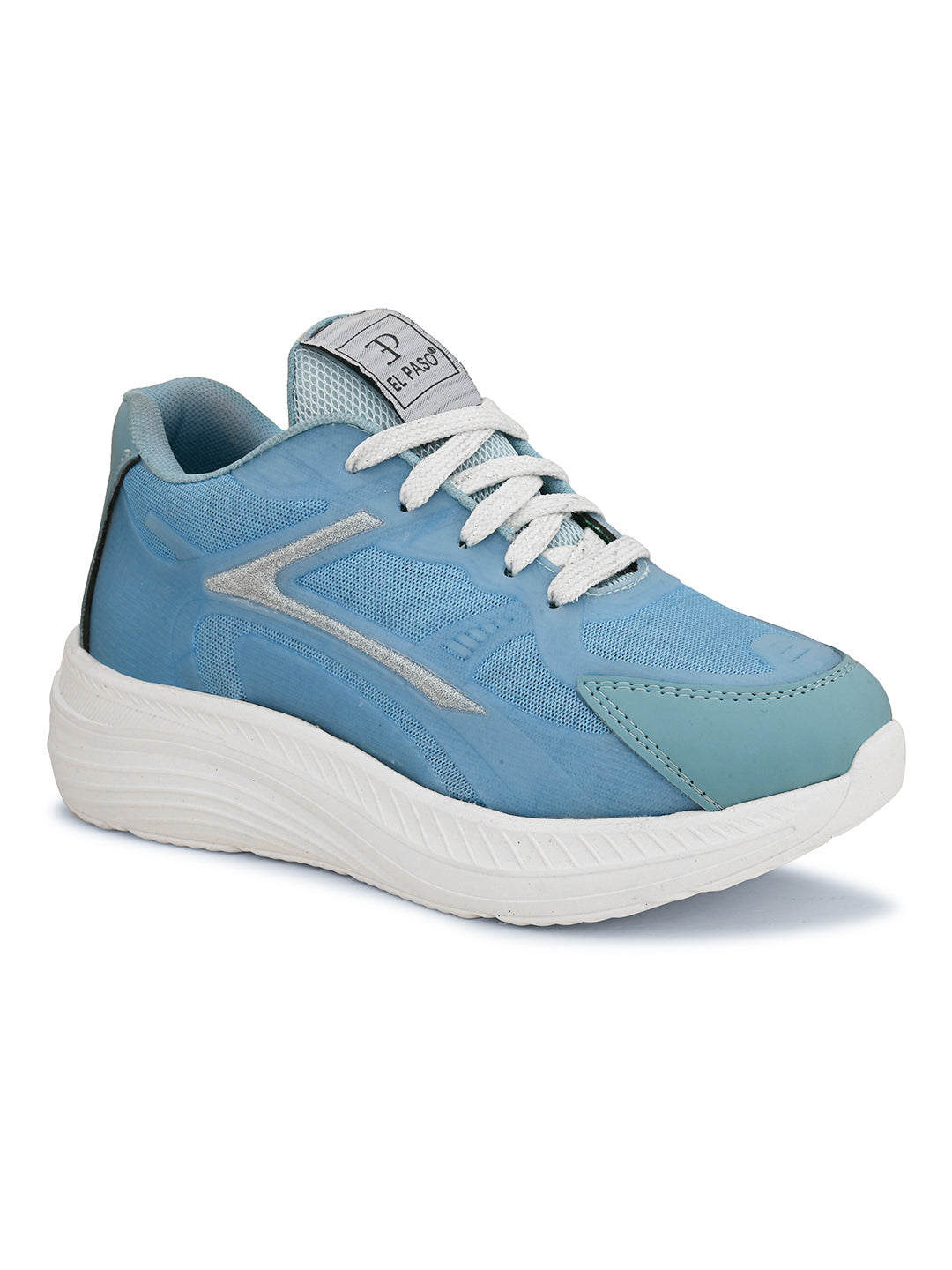 A blue and white sneaker with a simple design.
