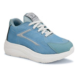 A blue and white sneaker with a simple design.
