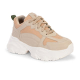 Beige chunky sneakers with a textured sole and mesh accents.