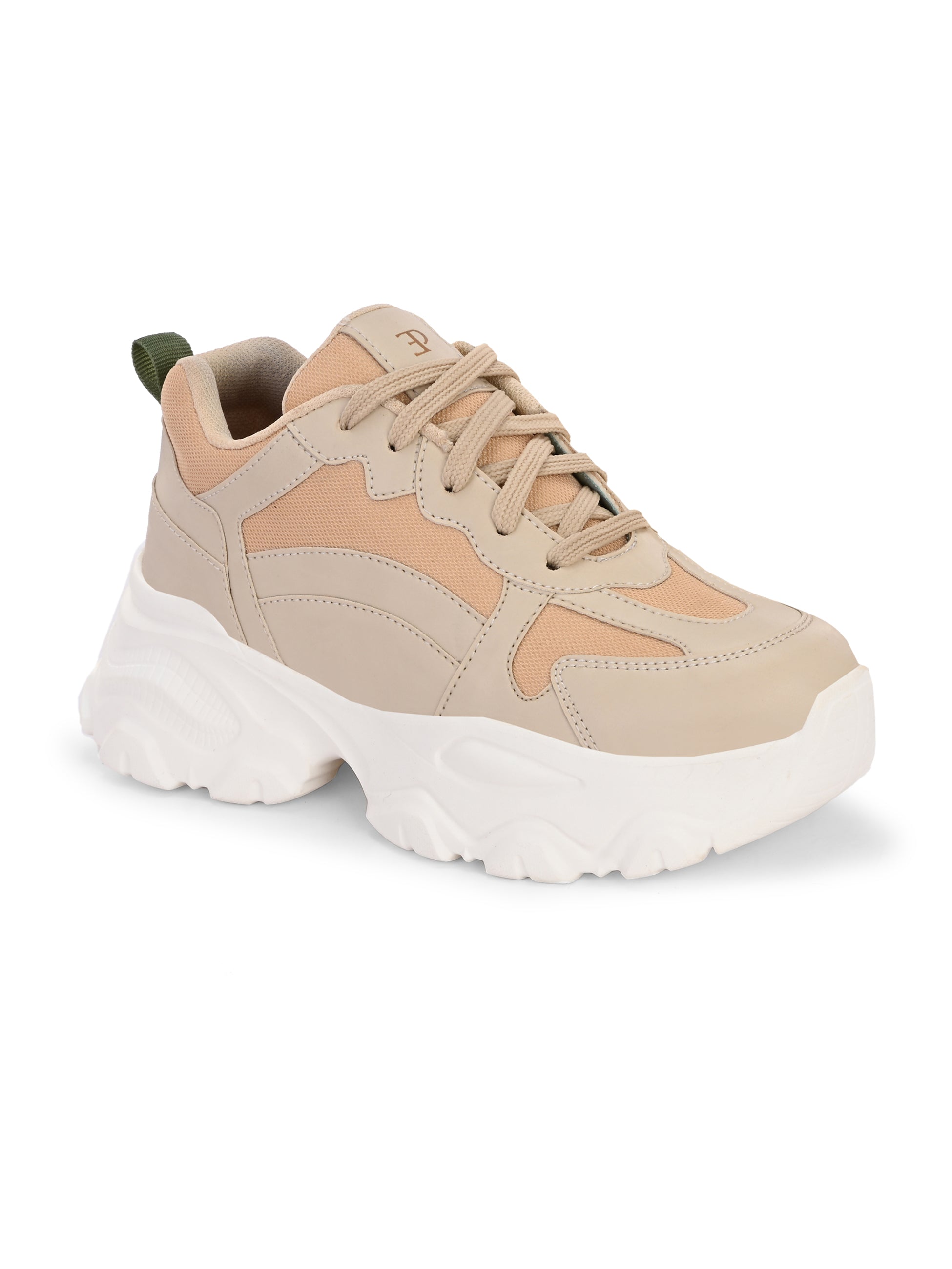 Beige chunky sneakers with a textured sole and mesh accents.