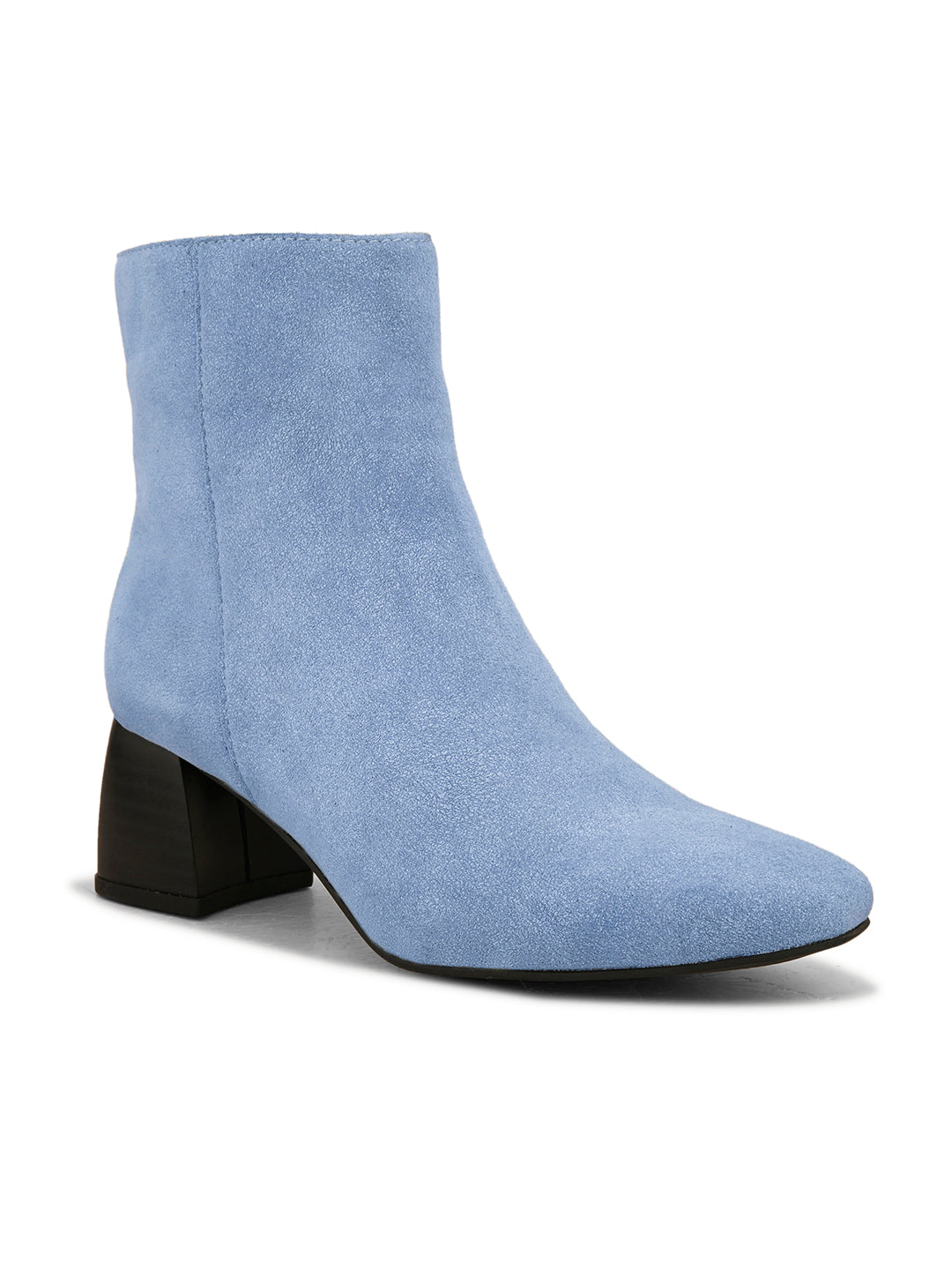Light blue suede ankle boots with a sleek design and block heel.
