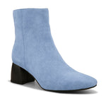 Light blue suede ankle boots with a sleek design and block heel.