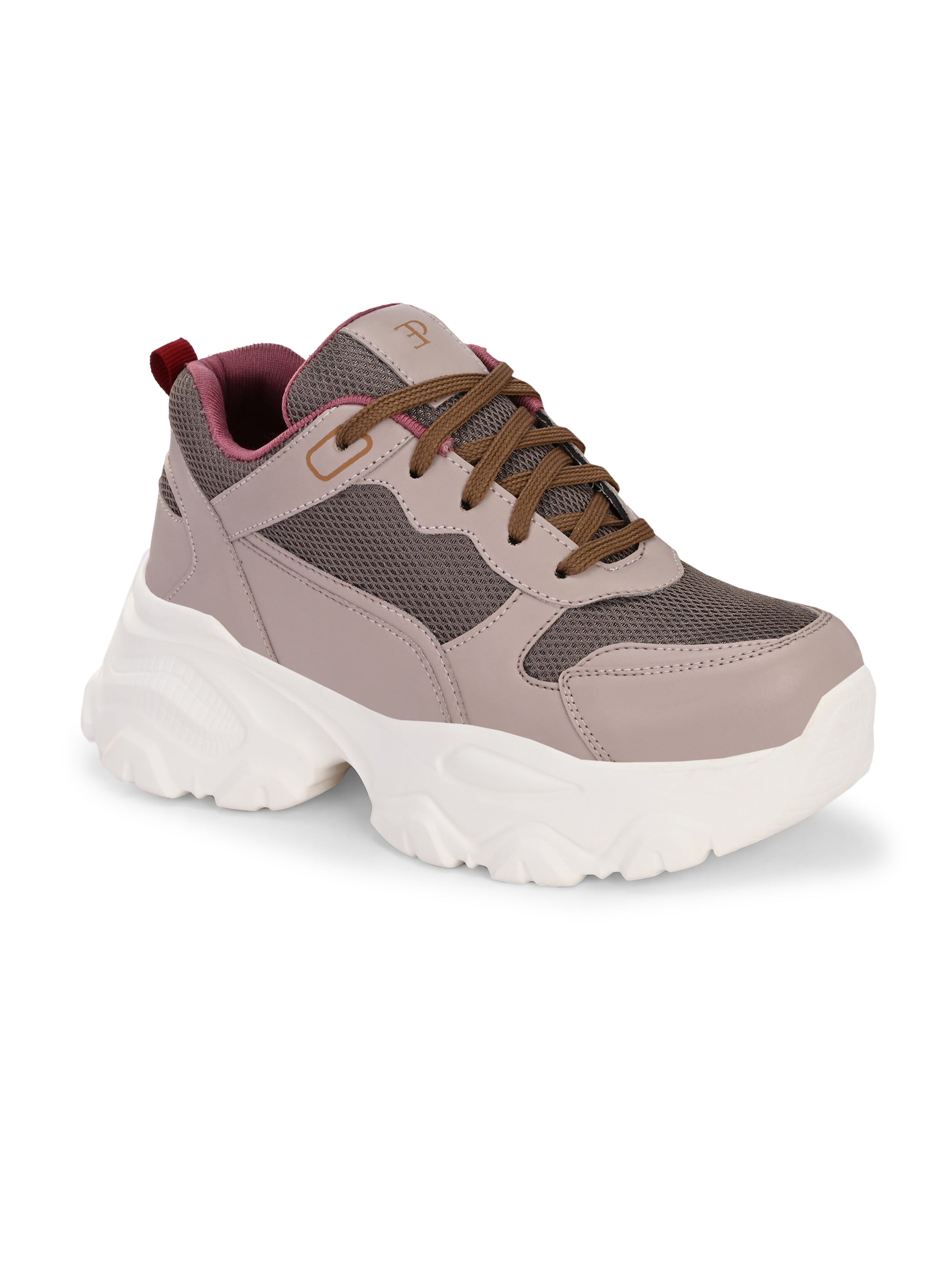 A chunky sneaker with a brown mesh upper, pink leather panels, brown laces, and a thick white sole.