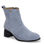 Light blue Suede ankle boots for women with a block heel and a sleek, minimalist design.