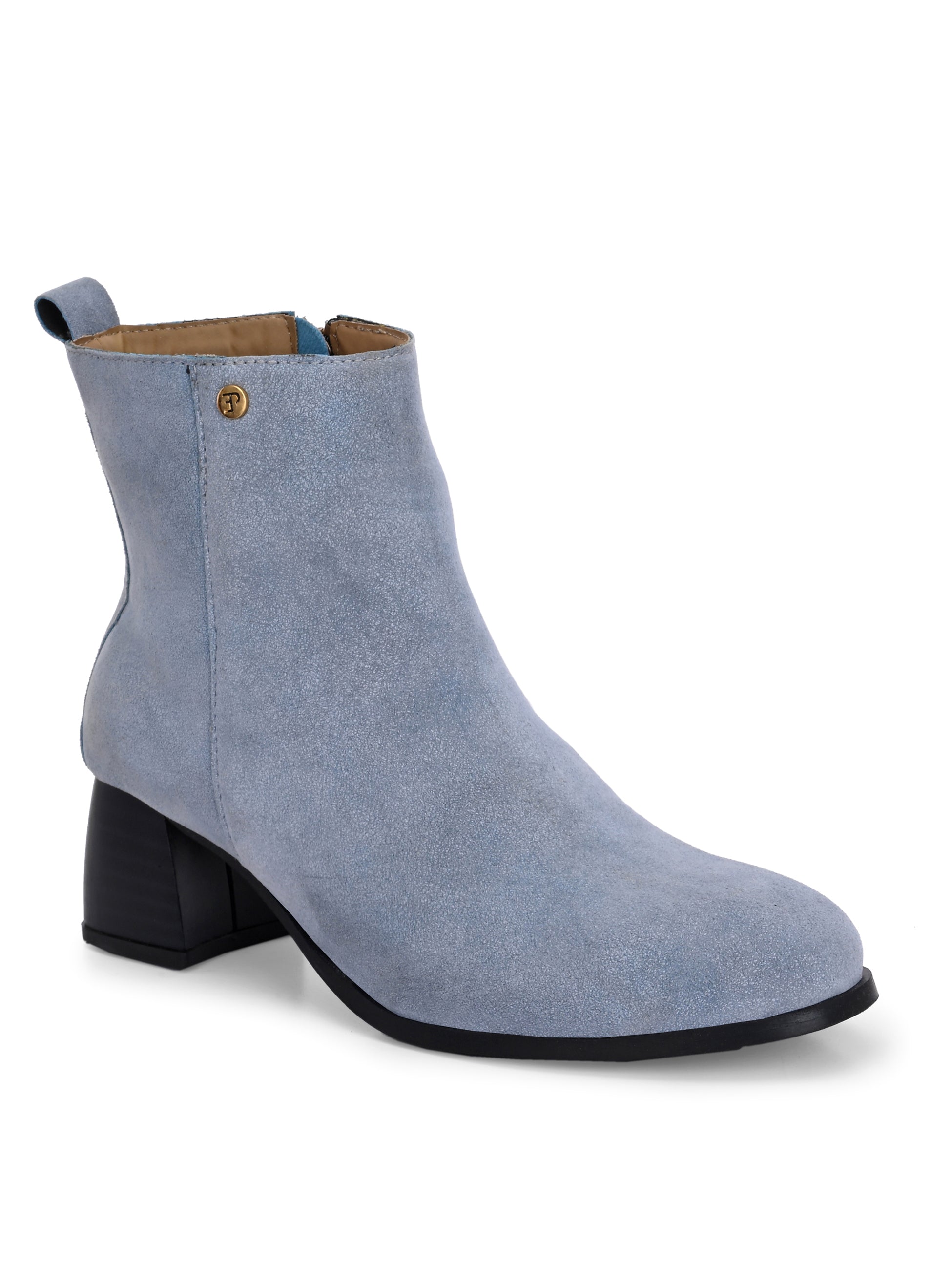 Light blue Suede ankle boots for women with a block heel and a sleek, minimalist design.