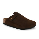 Brown suede slip-on clog with a black rubber sole and adjustable strap.