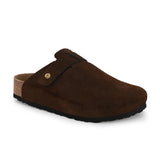 Brown suede slip-on clog with a black rubber sole and adjustable strap.