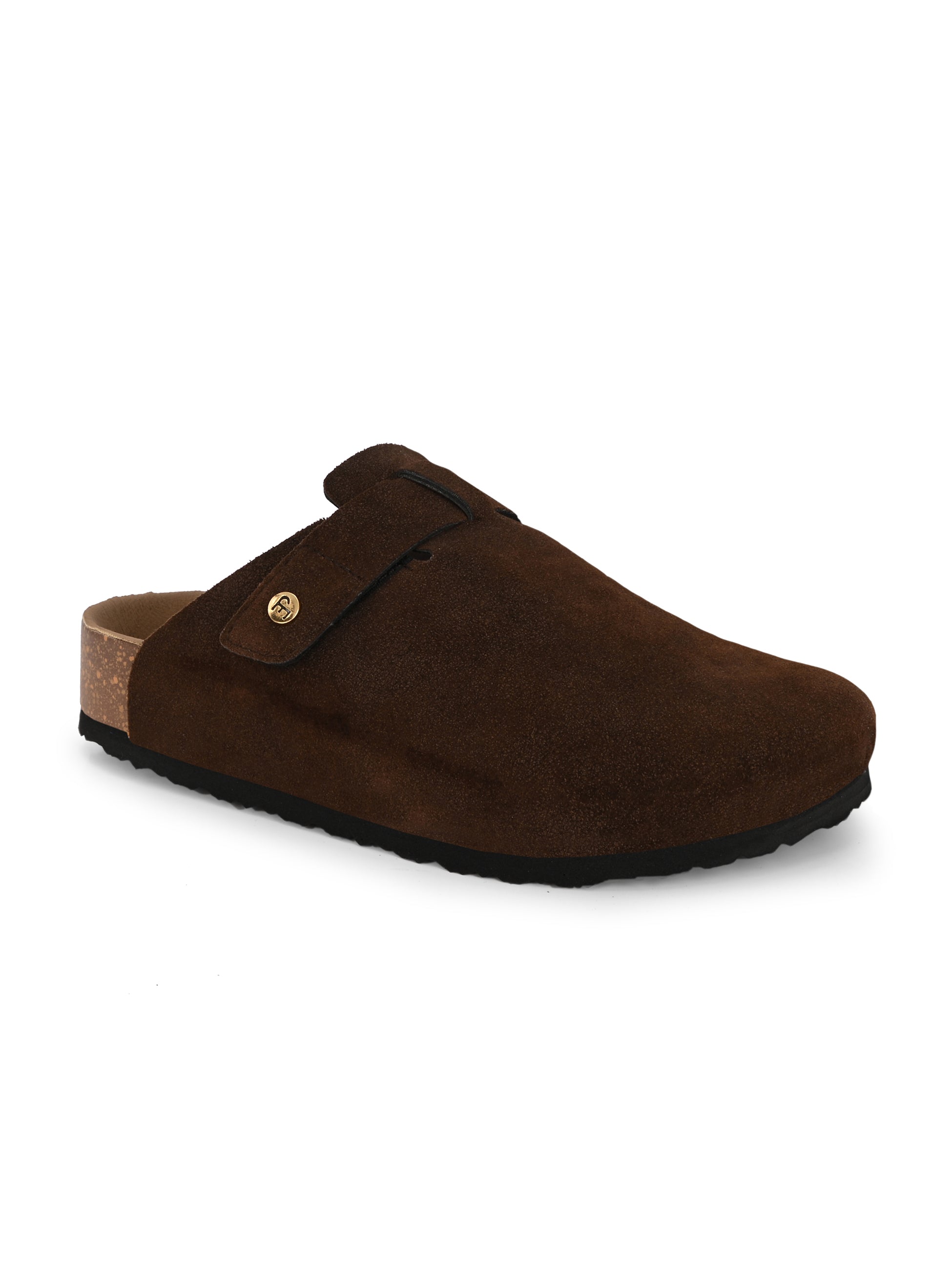 Brown suede slip-on clog with a black rubber sole and adjustable strap.