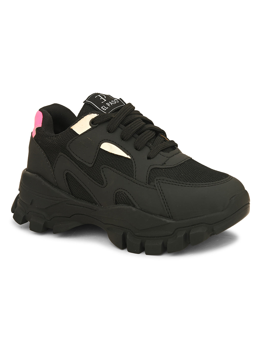 A pair of black El Paso lace-up women's sneakers with chunky soles, mesh detailing, and subtle pink and white accents.