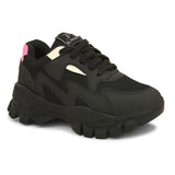 A pair of black El Paso lace-up women's sneakers with chunky soles, mesh detailing, and subtle pink and white accents.