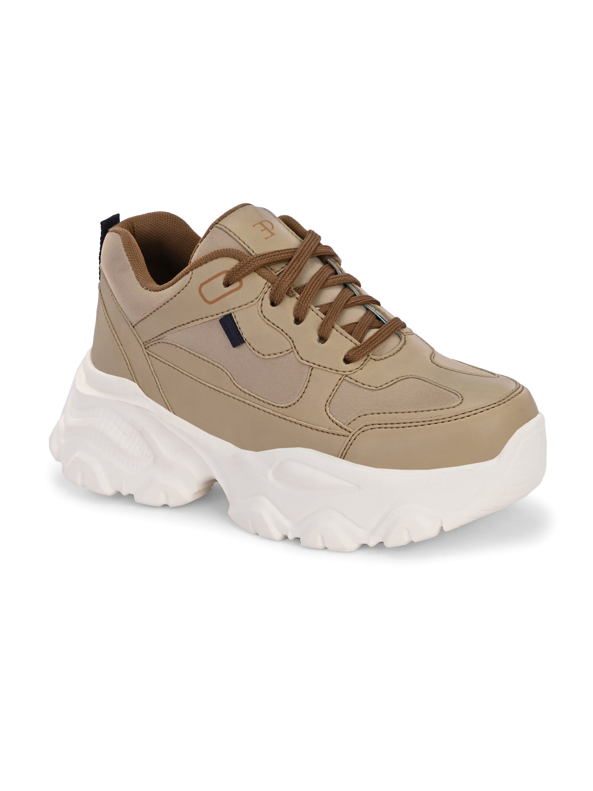 Beige chunky sneaker with a textured white sole, brown laces, and modern detailing, designed for casual and stylish wear.