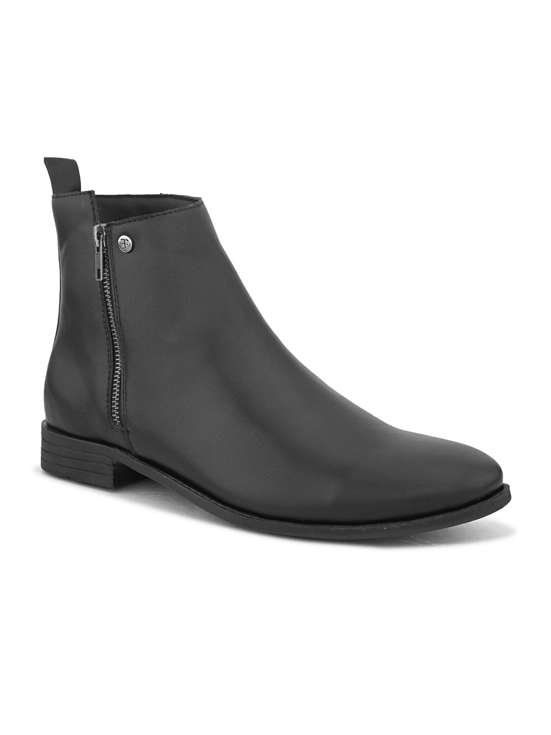 A sleek black leather Chelsea boot with a side zipper, pull-tab at the back, and a low block heel.