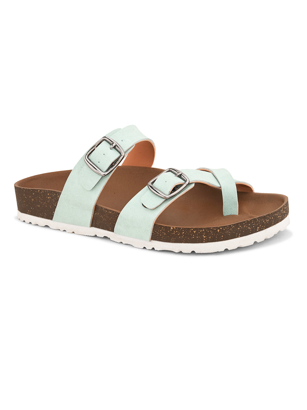 Blue cork-sole sandal with two adjustable straps featuring silver buckles and a casual slip-on design.