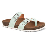 Blue cork-sole sandal with two adjustable straps featuring silver buckles and a casual slip-on design.