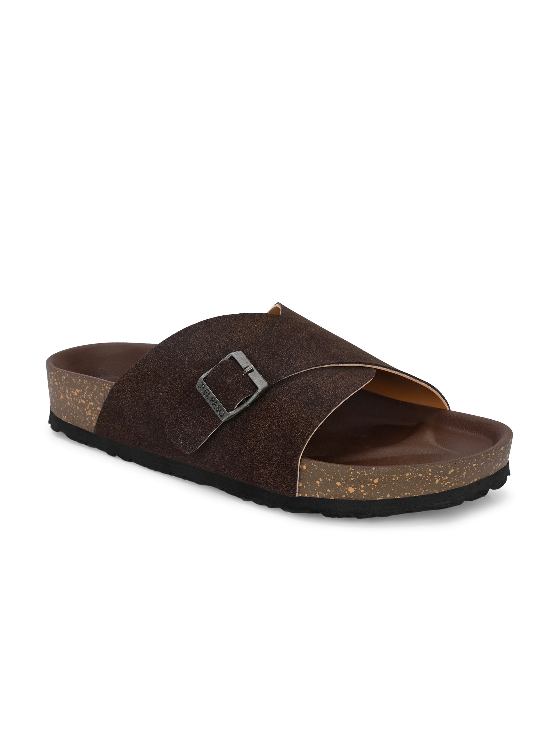 Brown Men's casual flat heel with buckle strap slip-on sandal