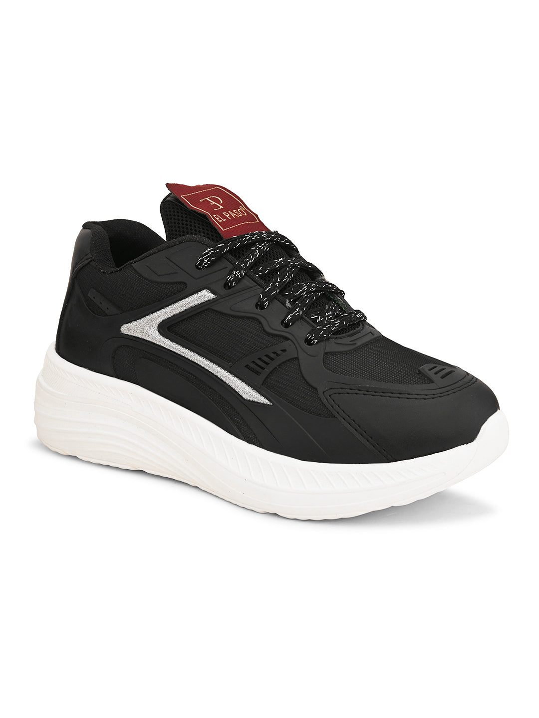 A black and white sneaker with a simple design.
