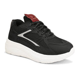 A black and white sneaker with a simple design.