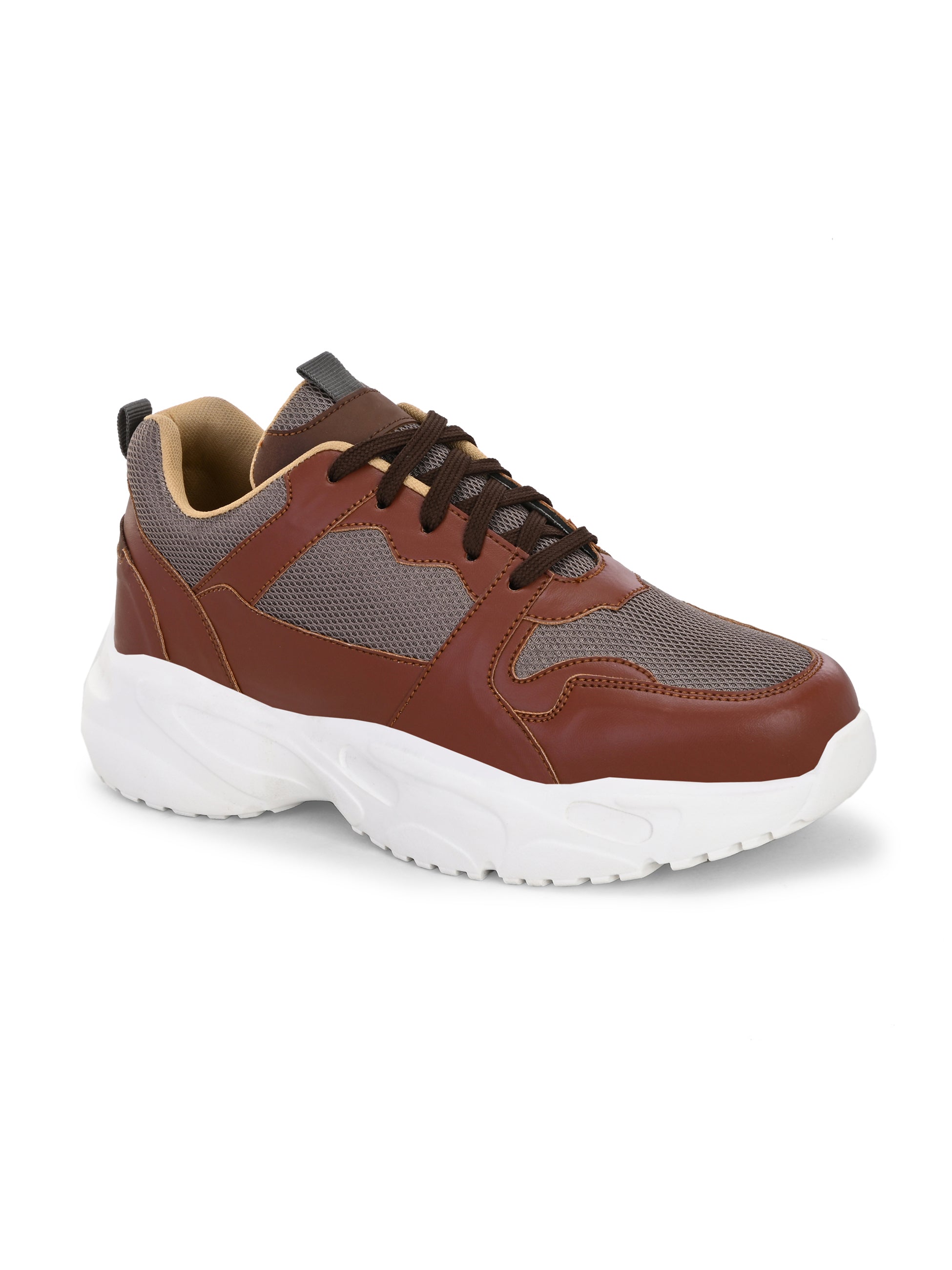 brown and grey mesh Men's casual sneakers with a chunky white sole, offering a stylish and comfortable look.