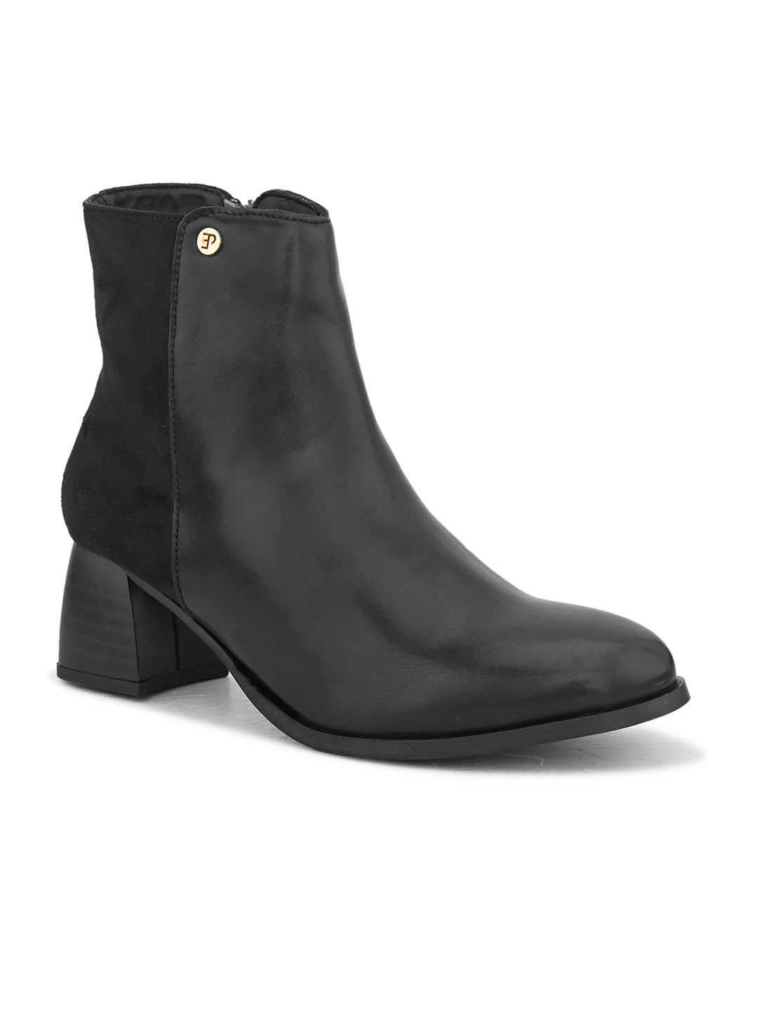 Black ankle boot with a smooth leather front, suede back, block heel, pointed toe with a zip