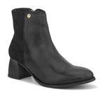 Black ankle boot with a smooth leather front, suede back, block heel, pointed toe with a zip
