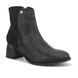 Black ankle boot with a smooth leather front, suede back, block heel, pointed toe with a zip