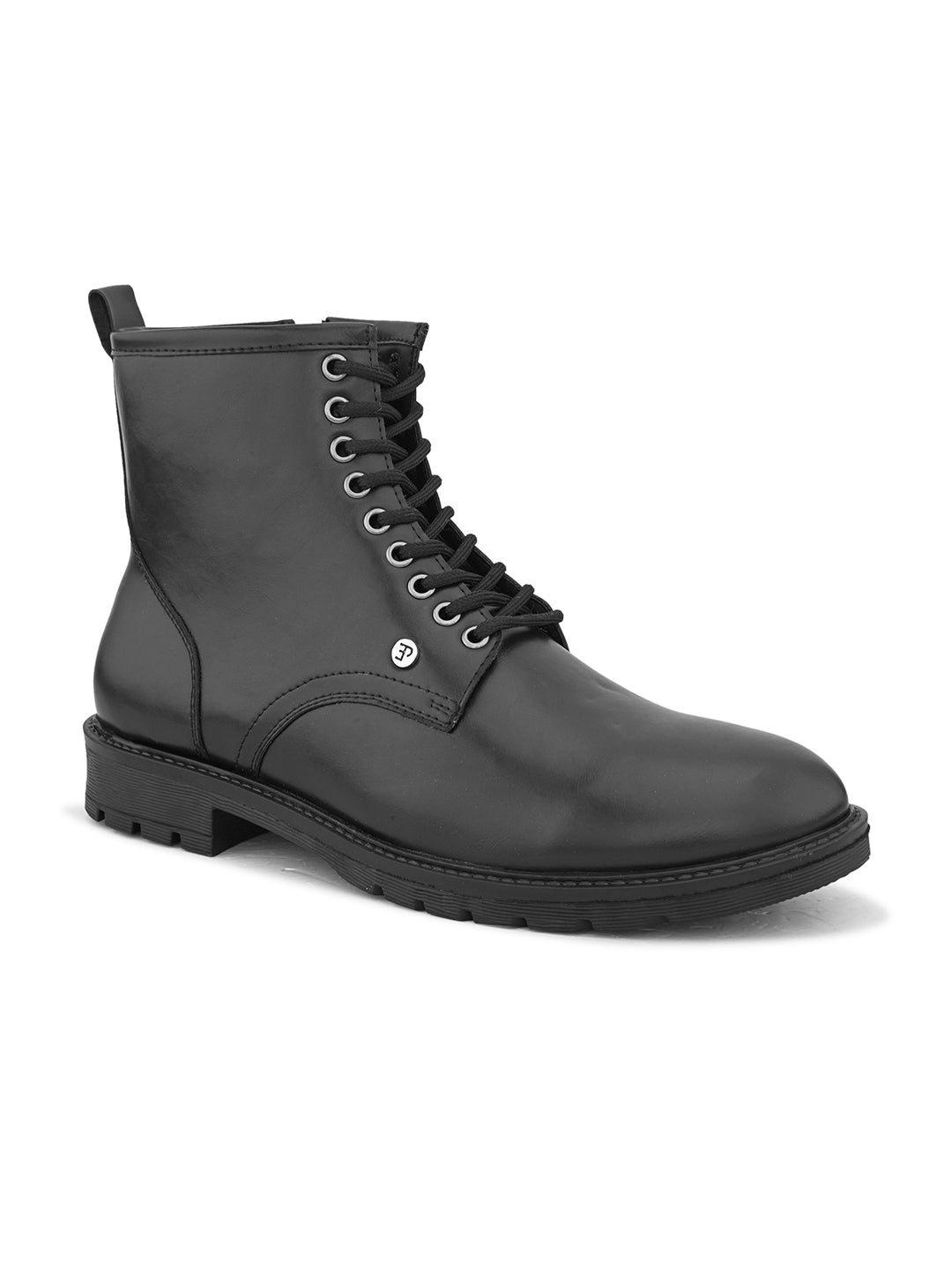 A Men's Ankle Length Block Heel boots with a side zipper, pull-tab at the back, and a low block heel.