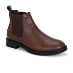 Brown Chelsea boots with elastic side panels, a pull-tab at the heel, rounded toe, and a small metallic brand logo near the ankle.