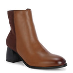 women black zip ankle length boots with a smooth leather front, suede back, block heel, pointed toe