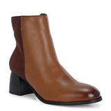 women black zip ankle length boots with a smooth leather front, suede back, block heel, pointed toe