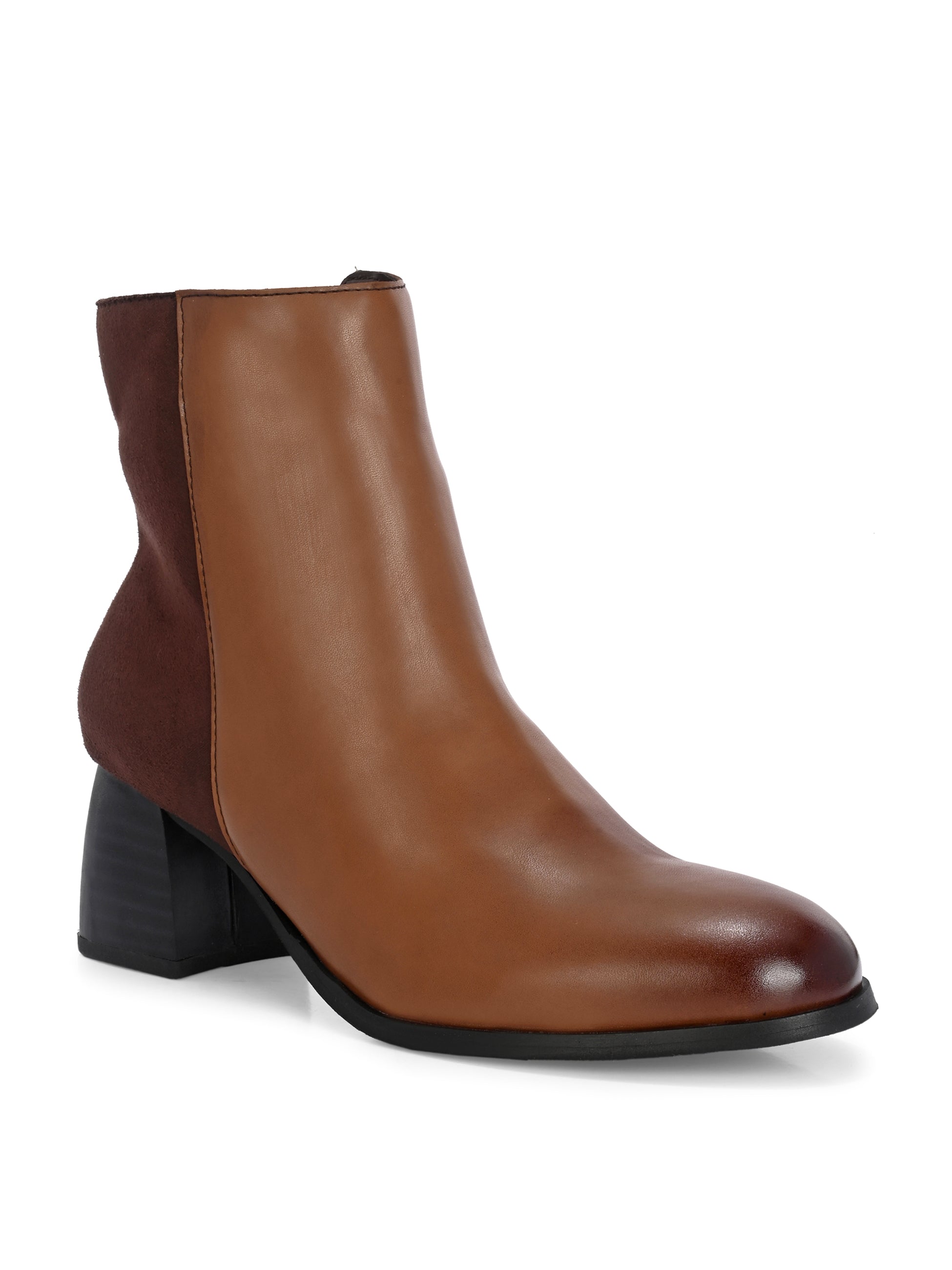 women black zip ankle length boots with a smooth leather front, suede back, block heel, pointed toe