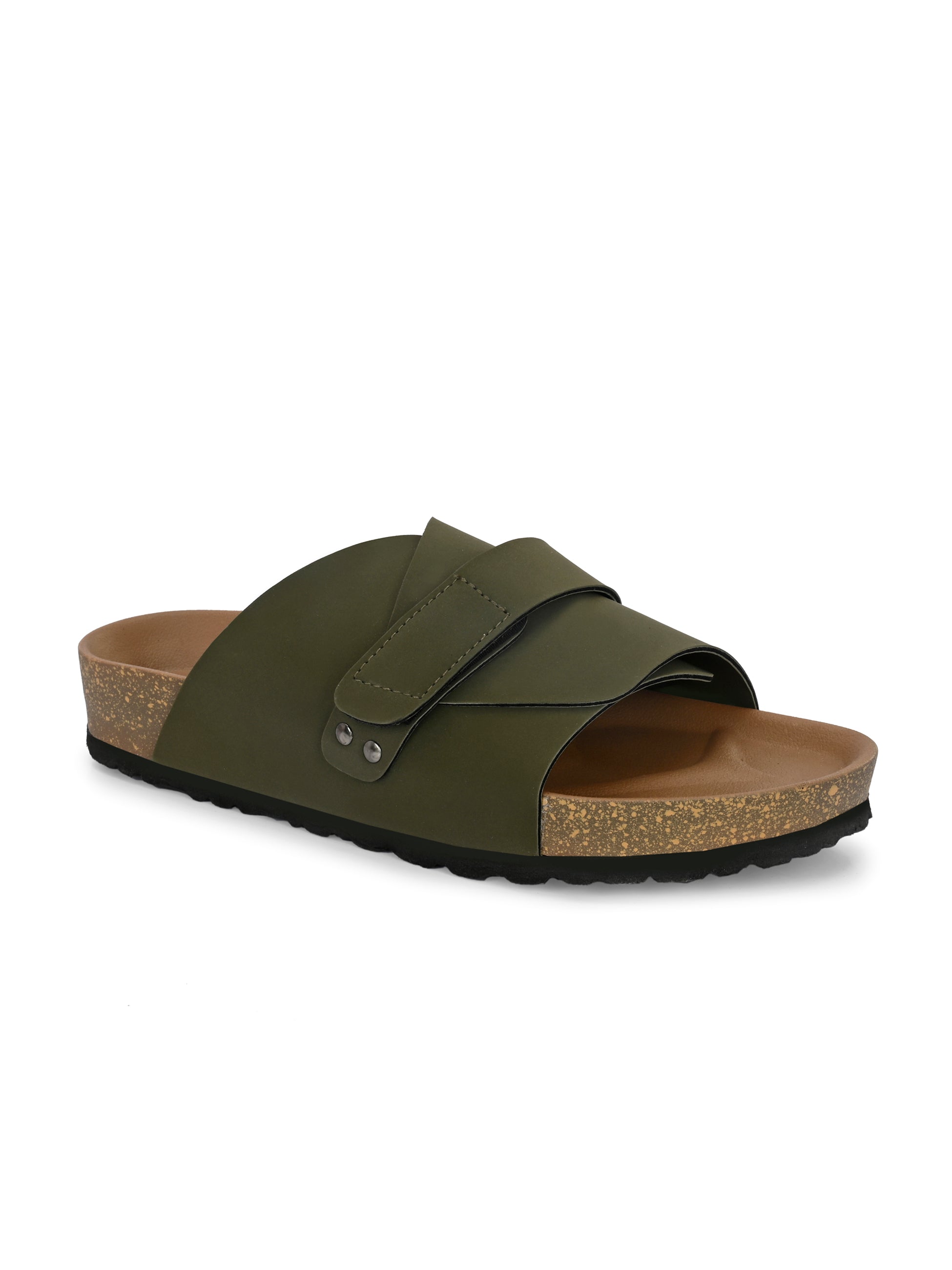 Olive Men's casual flat heel strap sandal with slip-on closure