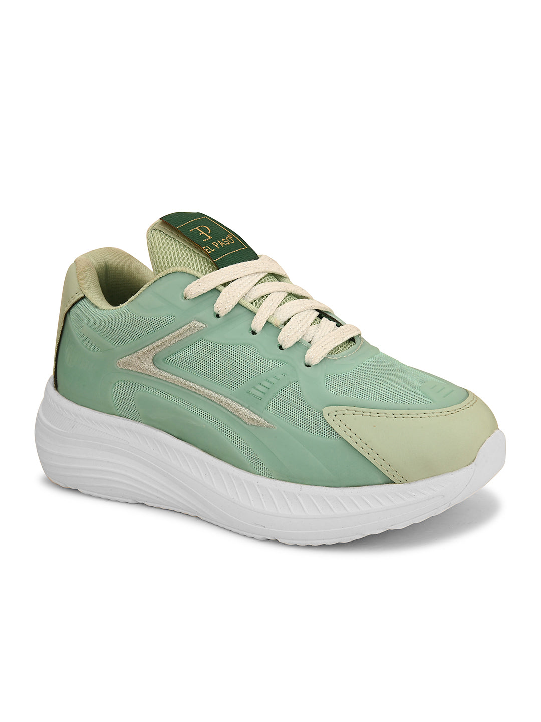 A green and white sneaker with a simple design.