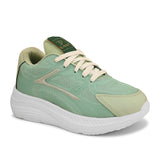 A green and white sneaker with a simple design.