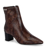 brown textured ankle boots with a sleek snakeskin pattern and a block heel design