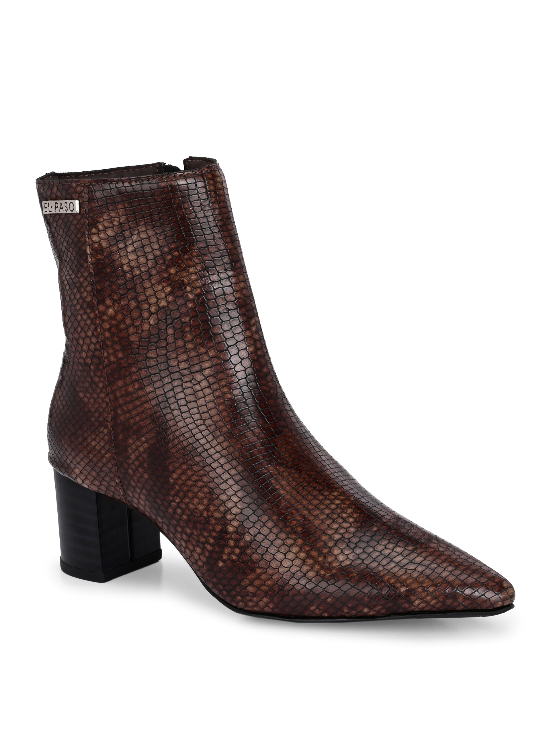 brown textured ankle boots with a sleek snakeskin pattern and a block heel design