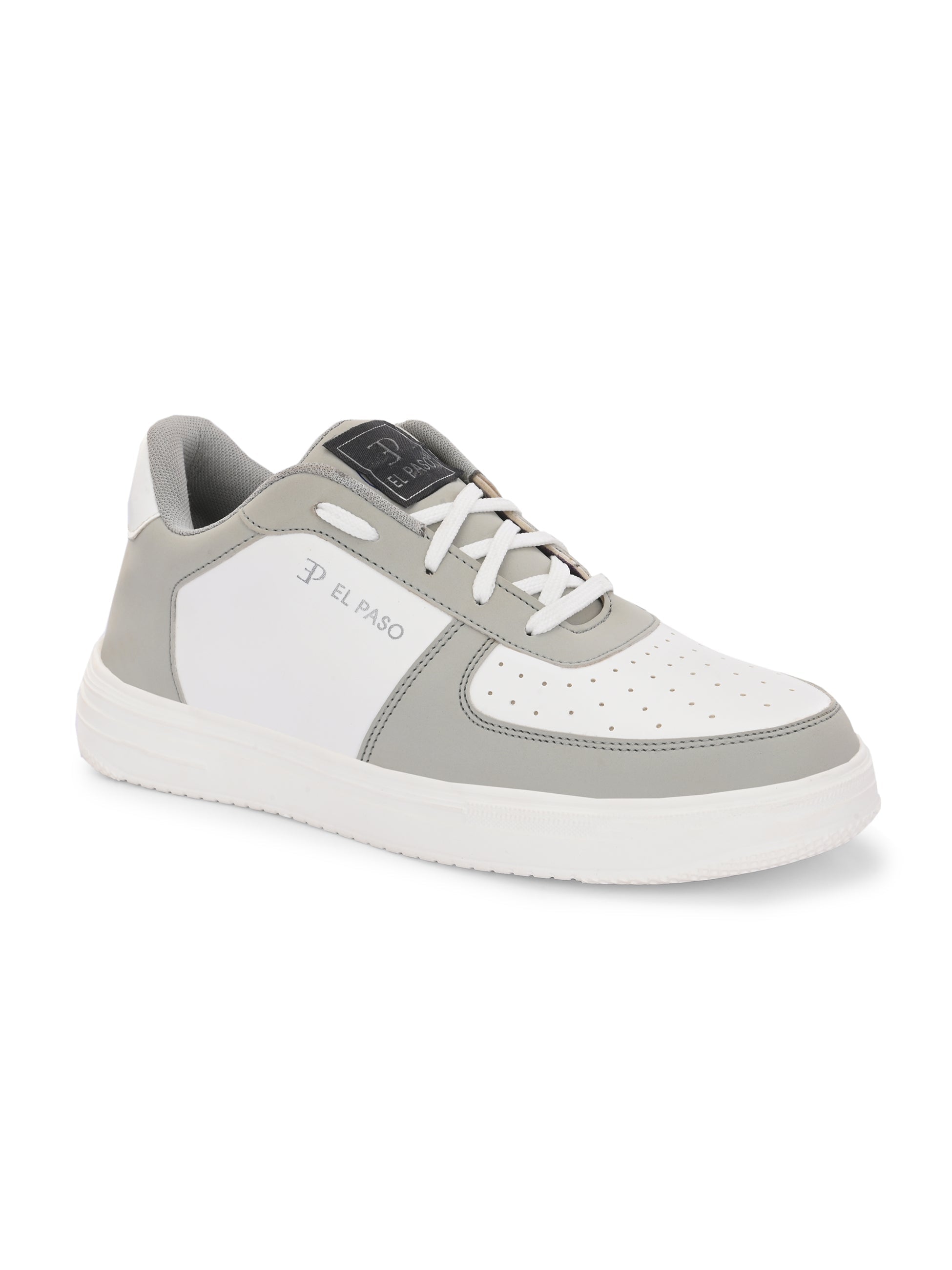 Men Solid Lace-Up Sneakers in white and grey with a sleek design and clean white sole, perfect for casual wear.