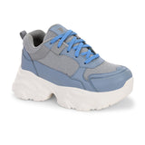 Women Casual Lace Up Sneaker with a gray mesh upper, blue leather panels, blue laces, and a thick white sole.