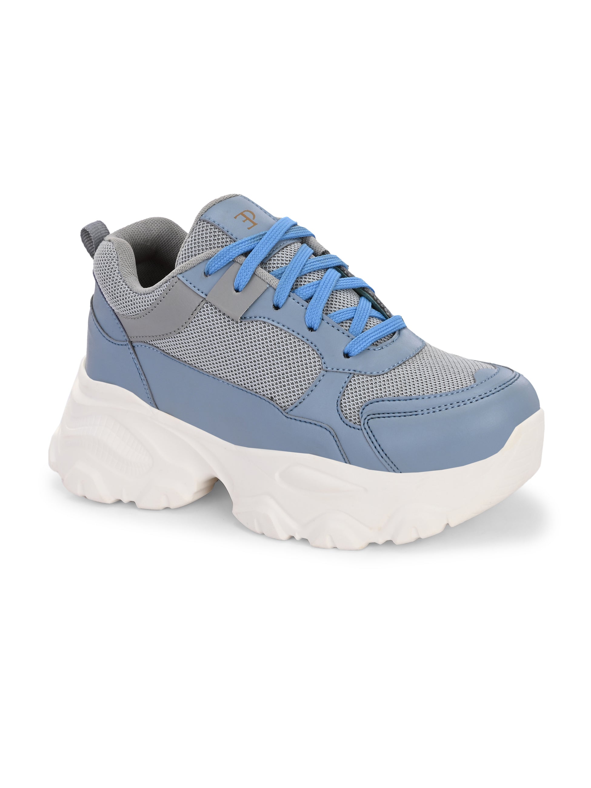 Women Casual Lace Up Sneaker with a gray mesh upper, blue leather panels, blue laces, and a thick white sole.