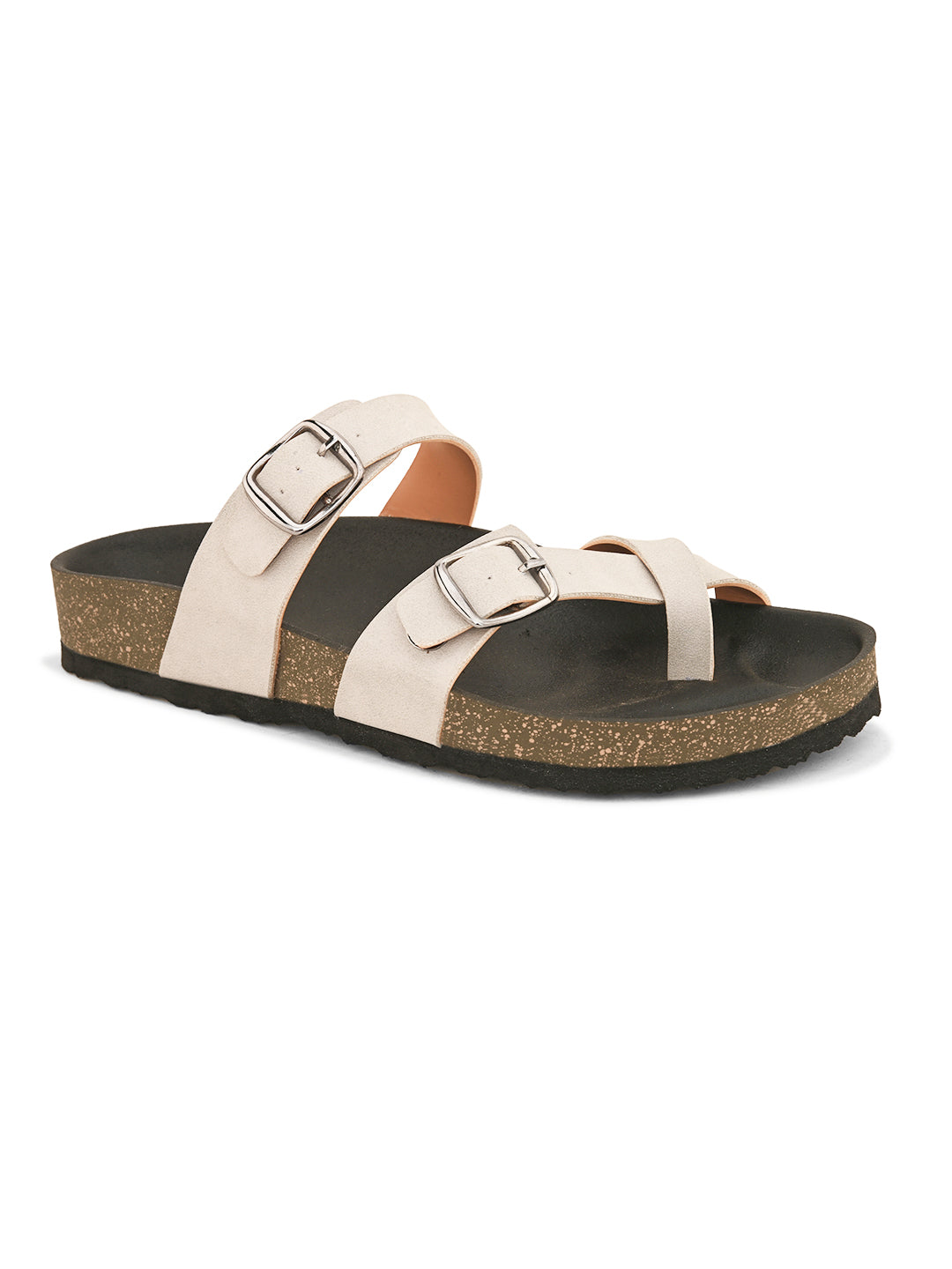 Women’s one-toe flats with a cork sole, silver buckles, and a casual slip-on design.