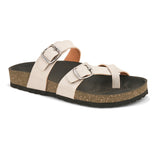 Women’s one-toe flats with a cork sole, silver buckles, and a casual slip-on design.
