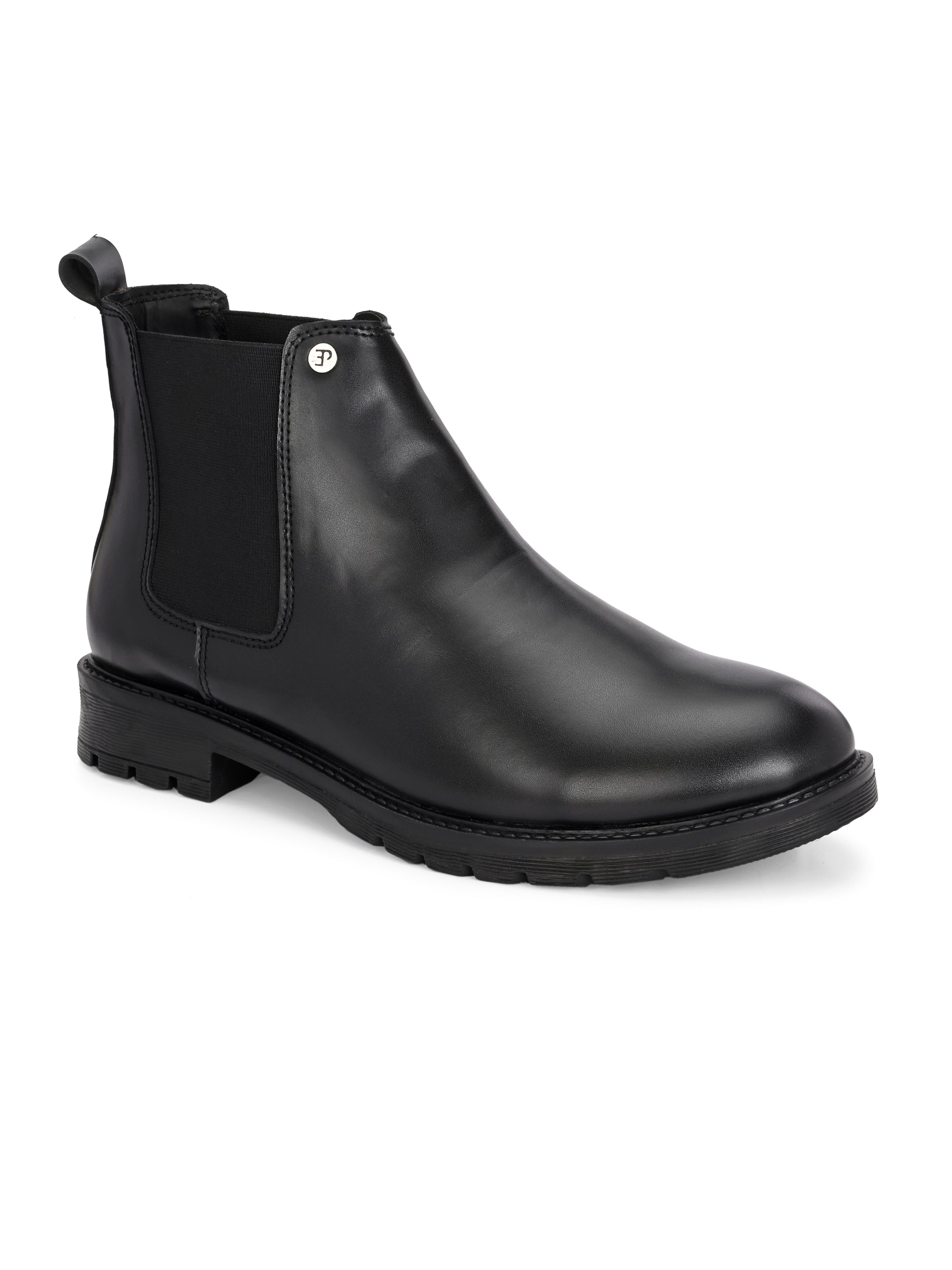 Black leather Classic Chelsea boot with elastic side panels, pull-tab at the heel, rounded toe, and a small metallic brand logo near the ankle.