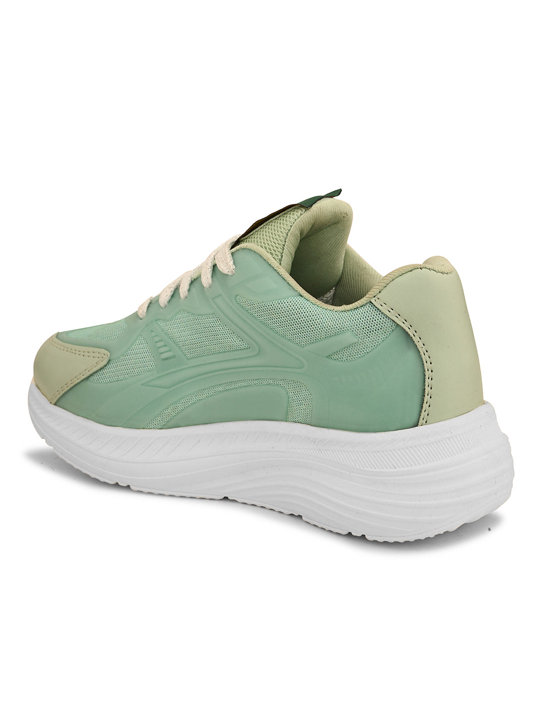 A green and white sneaker with a simple design.