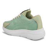 A green and white sneaker with a simple design.