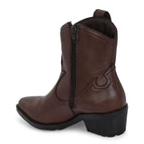 Brown ankle boots with intricate decorative stitching, featuring a slip-on design.
