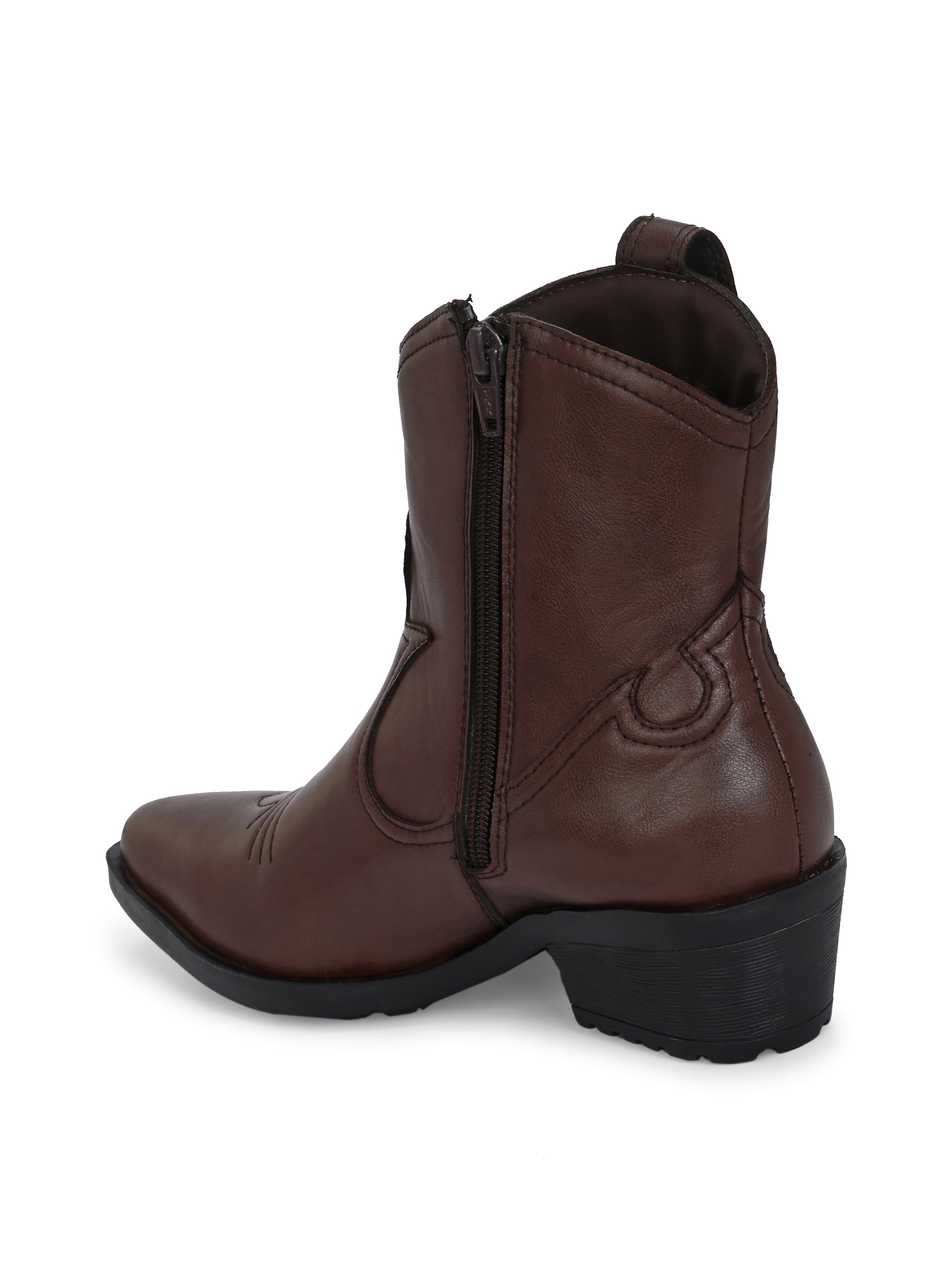 Brown ankle boots with intricate decorative stitching, featuring a slip-on design.