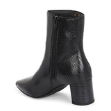 Black textured ankle boots with a sleek snakeskin pattern and a block heel design
