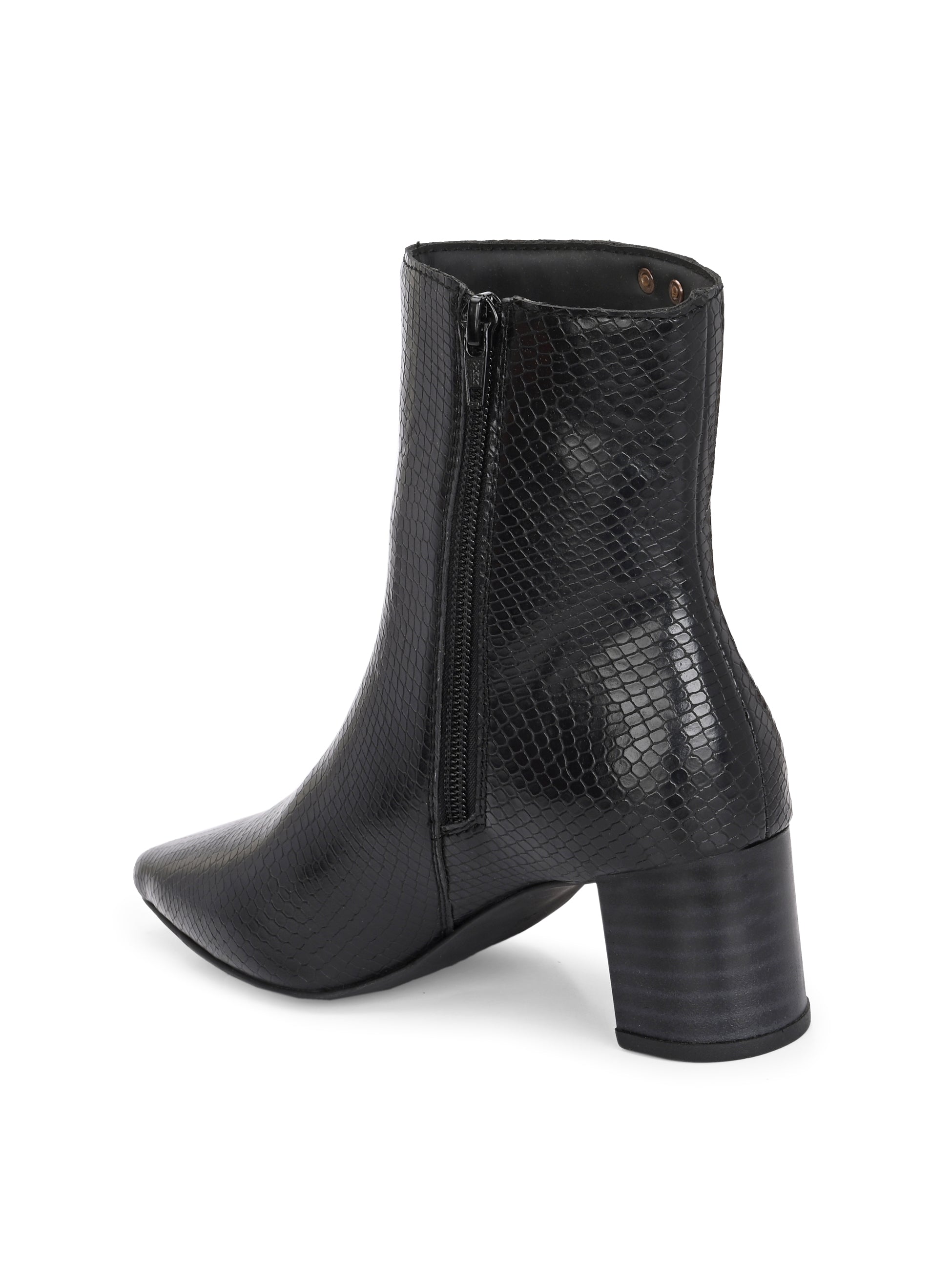 Black textured ankle boots with a sleek snakeskin pattern and a block heel design