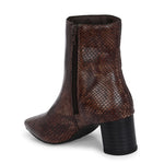 brown textured ankle boots with a sleek snakeskin pattern and a block heel design